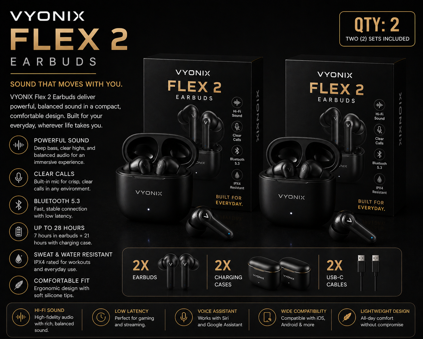 VYONIX Flex 2 Earbuds - 2 Pack